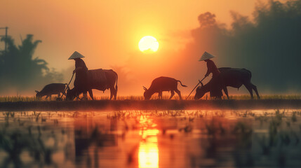 Asian Thai farmers at sunset with buffalos working in the rice field,sunset on the river