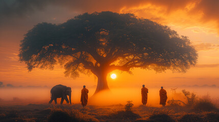 Thai monks walking in the rice fields at sunrise in Thailand with mist an fog and Elephants