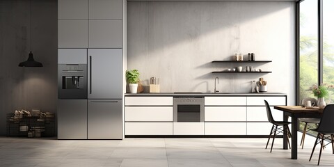  modern white kitchen with concrete floor, built-in sink and cooker, and two ovens.