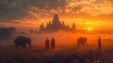 Thai monks walking in the rice fields at sunrise in Thailand with mist an fog and Elephants and a budhist temple