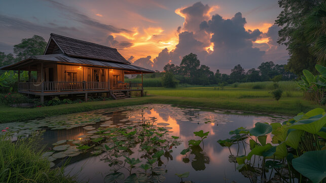small wooden farm house There is a vegetable pond and kitchen garden. Evening view of rural Thai province