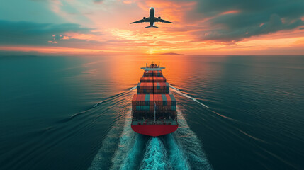 sunset over the sea with cargo container boat and airplane, airline, trade, maritime, carrier, vessel, concept, courier, distribution, commerce, logistic, transportation, transport, air, business, sea