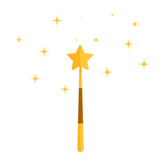Flat yellow star magic wand cartoon with sparkle illustration vector - obrazy, fototapety, plakaty