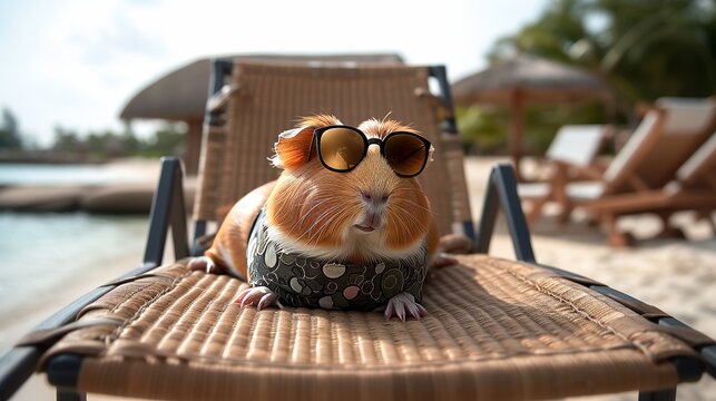 A guinea pig wearing glasses laying on a lounge chair in the sun at a resort on vacation, in what could be a social media post image. 
