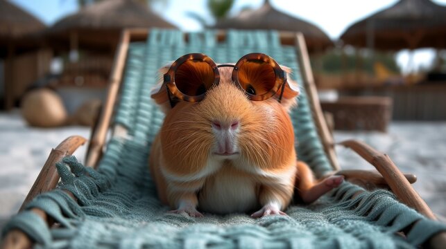 A guinea pig wearing glasses laying on a lounge chair in the sun at a resort on vacation, in what could be a social media post image. 