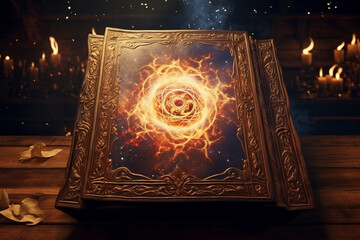 Ancient magic book on a wooden table background. Spellbook