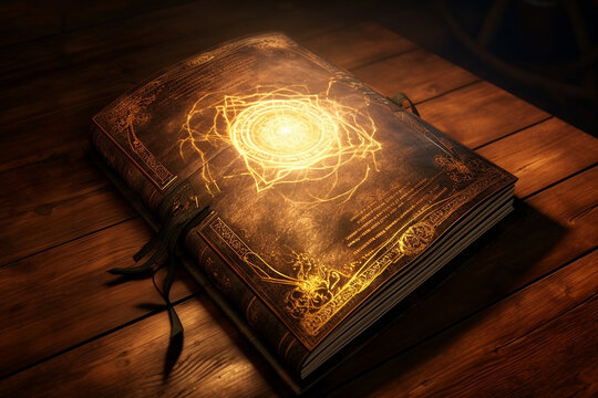 Ancient magic book on a wooden table background. Spellbook