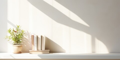 White wooden podium with books, plants, and space under morning sunlight's shadow.