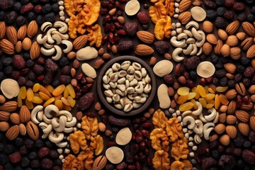 Obraz premium Natural background made from different kinds of nuts. Assortment of nuts in bowls.