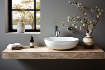 Fototapeta na wymiar white ceramic vessel sink. Interior design of modern scandinavian bathroom.