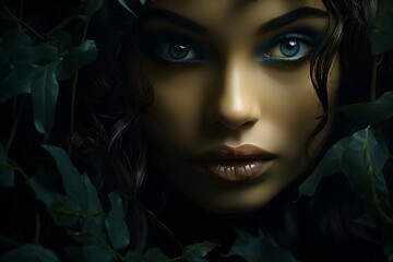Attractive face of girl with leaf in leafy area dark green - obrazy, fototapety, plakaty