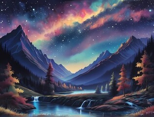 七色オーロラと星空の自然風景壁紙背景