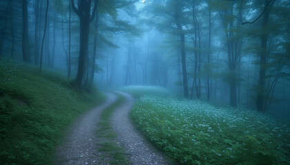 A serene pathway through a misty forest glade, illuminated by morning light, creating a magical atmosphere.