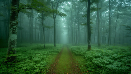 Obraz premium A serene pathway through a misty forest glade, illuminated by morning light, creating a magical atmosphere.