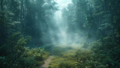 Fototapeta premium A serene pathway through a misty forest glade, illuminated by morning light, creating a magical atmosphere.