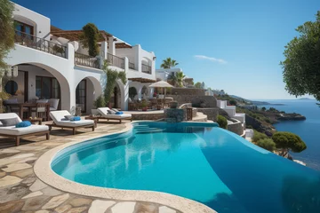 Fototapeten Traditional mediterranean white house with pool on hill with stunning sea view. Summer vacation background. © pritsadee