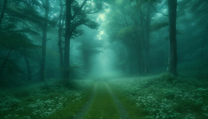 Obraz premium A serene pathway through a misty forest glade, illuminated by morning light, creating a magical atmosphere.