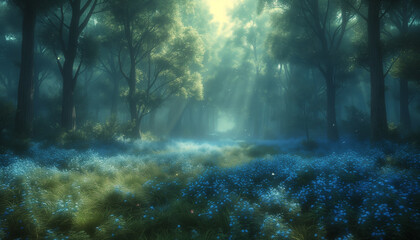 A serene pathway through a misty forest glade, illuminated by morning light, creating a magical atmosphere.