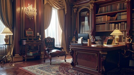 An elegant Victorian study with an antique wooden desk, a state-of-the-art laptop, and a classic upholstered chair. Bookshelves, rich draperies, and ornate decorative elements create a luxurious feel