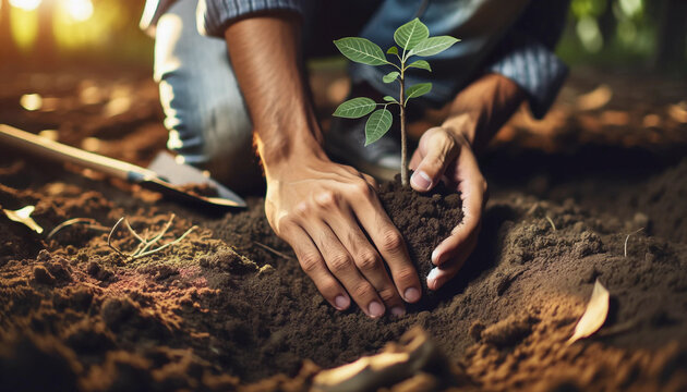 Hands planting new sapling baby little tree in ground