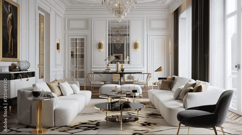 Wall mural An elegant white living room with gold accents, luxurious fabrics, and stylish modern furniture.