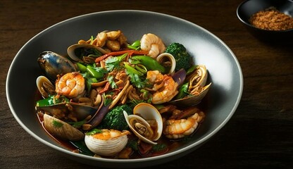 Spicy stir-fried seafood including clams