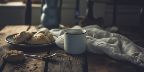 coffee cup and scone sitting on a wooden table, generative AI - obrazy, fototapety, plakaty