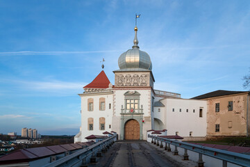 View of the Grodno Old Castle (Grodno Upper Castle) on the banks of the Neman River on a sunny day, Grodno, Belarus