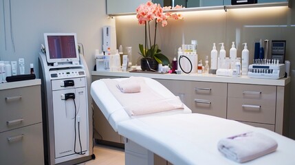 An image of a treatment room in a cosmetology office, equipped with the latest skincare and beauty technology.
