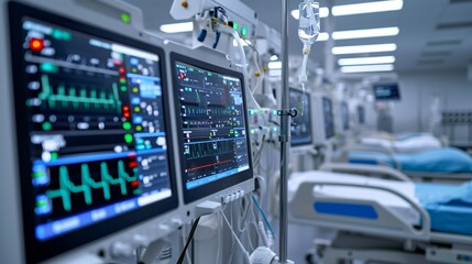 Fototapeta premium An image showcasing a centralized monitoring station in an ICU, with screens displaying vital signs from multiple patients.