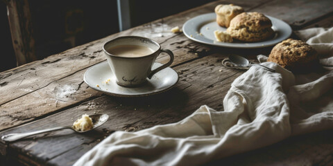 coffee cup and scone sitting on a wooden table, generative AI