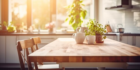 Blurred modern kitchen interior with a beautiful wooden table and daylight flare.