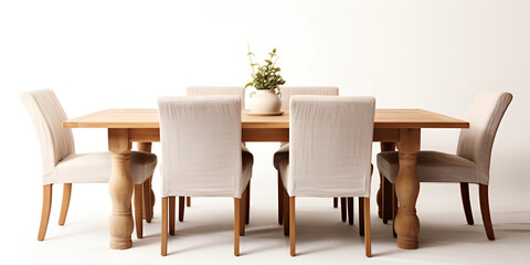 A wooden and fabric dining table and chair stand alone on a white surface.
