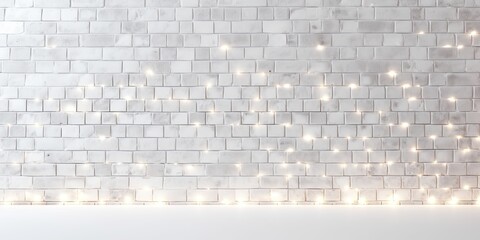 Christmas background featuring bright lights on a white brick wall.