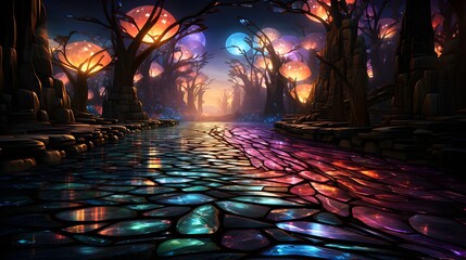 A path paved with stained glass that winds through the forest. The path is made of beautiful brightly colored luminous crystal