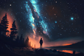 Obraz na płótnie Canvas man watching the stars at night, vast sky, generative ai 