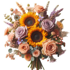 summer sunflower and rose bouquet, flower arrangement, transparent background , isolate, wedding