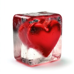 A red heart frozen inside an ice cube