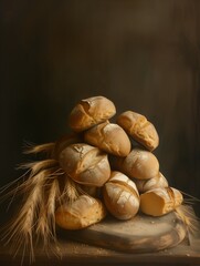 A pile of homemade bread, with flour and wheat grains