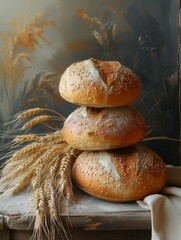 A pile of homemade bread, with flour and wheat grains