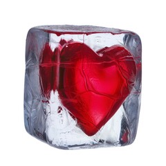A red heart frozen inside an ice cube