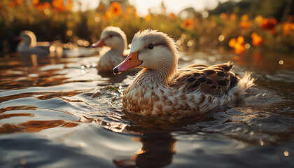 Cute duckling in pond, surrounded by nature generated by AI - 725174102