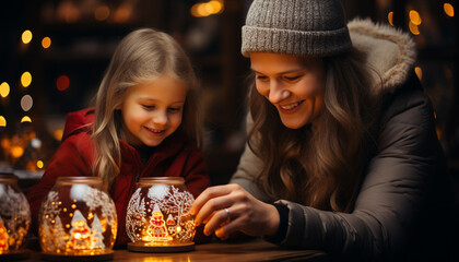 Obraz na płótnie Canvas Smiling child, cheerful family, winter celebration, cute girls enjoying Christmas generated by AI