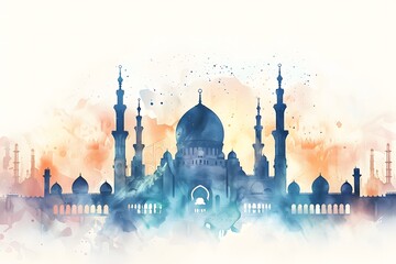 Breathtaking Watercolor Mosque Painting Design - obrazy, fototapety, plakaty