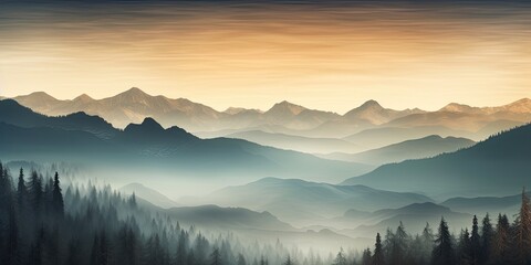 Obraz premium Bare wood and stunning misty mountain scenery.