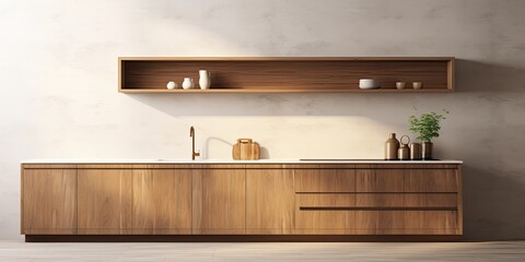 Luxurious a modern kitchen cabinet, showcasing an empty wooden counter for displaying products.