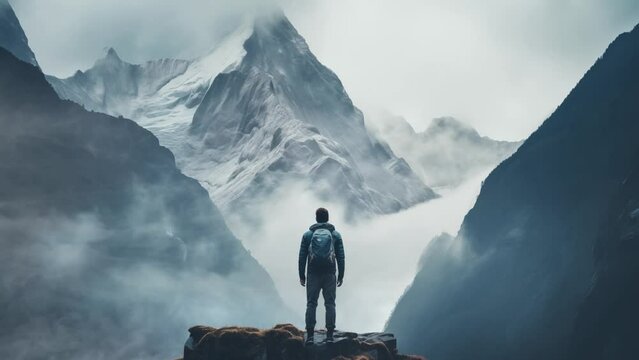 Man stood in front of foggy misty mountain. seamless looping overlay 4k virtual video animation background 