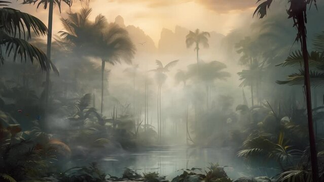 jungle in the fog palm trees in the haze morning. sunrise above tropical palm jungle with sun rays and thick morning fog. seamless looping overlay 4k virtual video animation background 