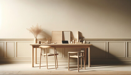 light beige workspace wood table - obrazy, fototapety, plakaty
