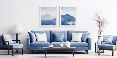 Navy blue armchair, sofa, and posters in white living room.